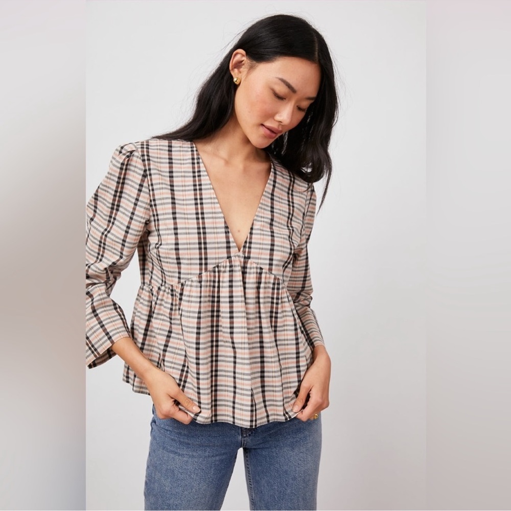 Rails Noella Top in Stockholm Check Plaid Cropped V-Neck Blouse‎ Size Medium